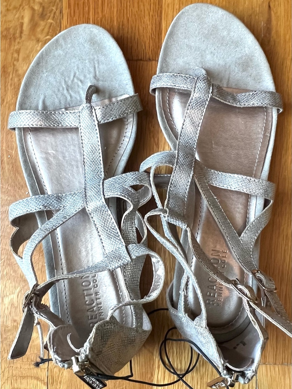Reaction Kenneth Cole Metallic Silver Lace-Up Strappy Sandals